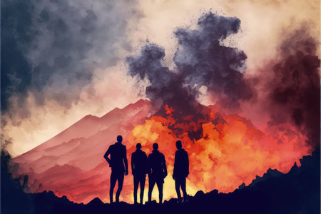 Hikers' silhouettes gazing at volcano's lava explosion and smoke from the mountain. Fantasy concept, Illustration painting. Generative AIの素材