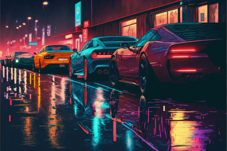 Night scene of city street with cars and colorful lights depicted in digital art. Fantasy concept, Illustration painting. Generative AIの素材