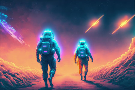 Space explorers walking towards unknown beam of light in sci-fi setting. Fantasy concept, Illustration painting. Generative AIの素材
