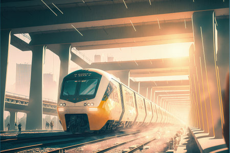 Futuristic train traversing railway and bridge in abandoned urban setting. Fantasy concept, Illustration painting. Generative AIの素材