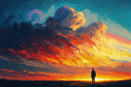 Solitary man gazing at fiery sunset. Fantasy concept, Illustration painting. Generative AIの素材