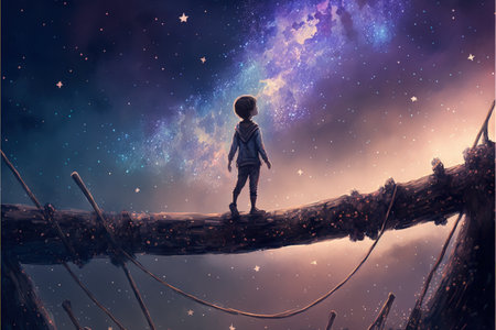 Boy balancing on wooden poles while admiring the Milky Way. Fantasy concept, Illustration painting. Generative AIの素材
