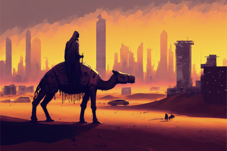 SF landscape with man on futuristic camel in post-apocalyptic city at sundown. Fantasy concept, Illustration painting. Generative AIの素材