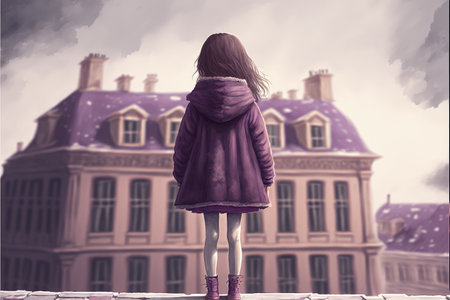 Mystic girl standing on rooftop of ancient edifice. Fantasy concept, Illustration painting. Generative AIの素材