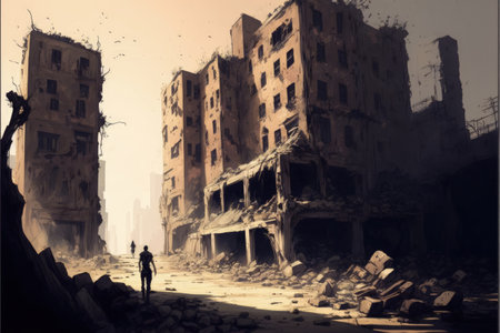 Individual trekking through desolate city, examining ruined structures. Fantasy concept, Illustration painting. Generative AIの素材