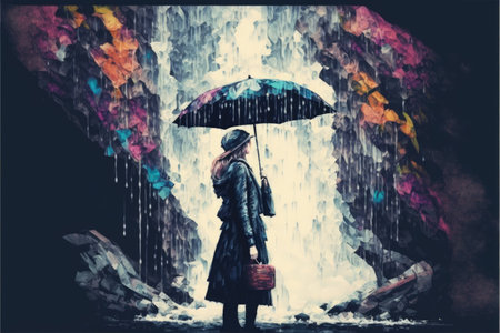 Woman holding umbrella in front of waterfall. Fantasy concept, Illustration painting. Generative AIの素材