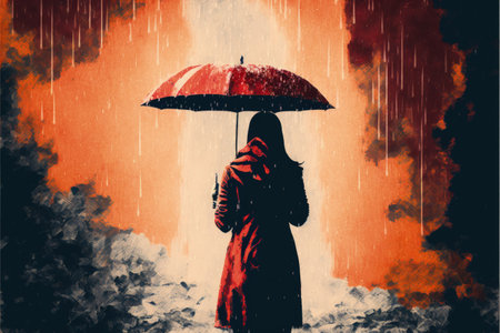 Woman holding umbrella in front of waterfall. Fantasy concept, Illustration painting. Generative AIの素材