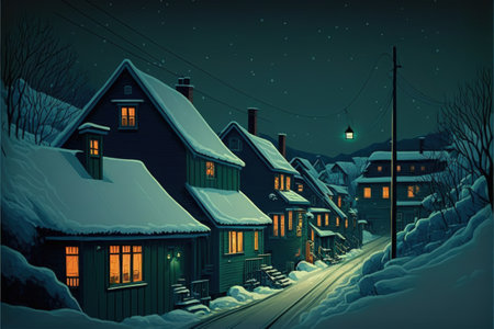 Nighttime view of wooden houses in mountainous winter landscape. Fantasy concept, Illustration painting. Generative AIの素材