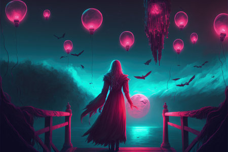 Enigmatic woman with radiant balloon, surrounded by ravens on bridge. Fantasy concept, Illustration painting. Generative AIの素材