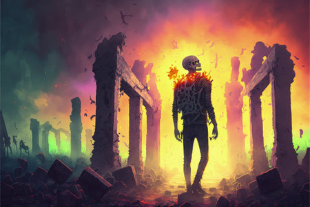 Zombie strolling through charred graveyard with blazing sky. Fantasy concept, Illustration painting. Generative AIの素材