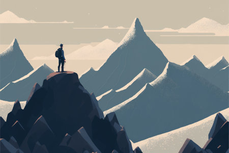 Man on mountain summit viewing peaks in distance. Fantasy concept, Illustration painting. Generative AIの素材
