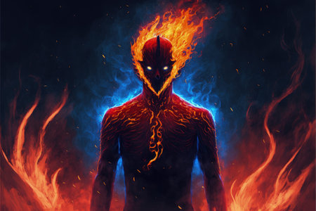 Man donning crimson mask standing with flames and fumes emanating from his chest. Fantasy concept, Illustration painting. Generative AIの素材