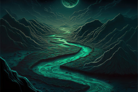 Nighttime scenery featuring liquefying moon creating luminescent river. Fantasy concept, Illustration painting. Generative AIの素材