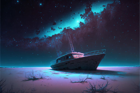 A stunning view of the deserted ship under the star-studded sky with the Milky Way galaxy. Fantasy concept, Illustration painting. Generative AIの素材