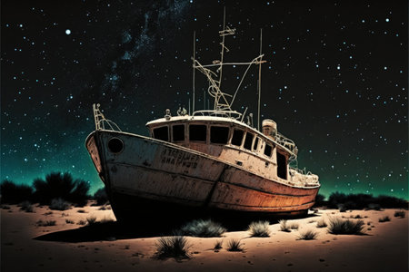 A stunning view of the deserted ship under the star-studded sky with the Milky Way galaxy. Fantasy concept, Illustration painting. Generative AIの素材
