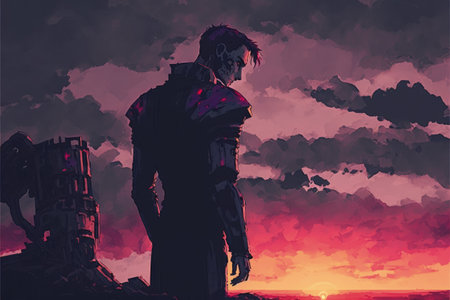 A sci-fi concept of a man with a bionic arm, standing on ruined, buildings gazing at the sunset sky. Fantasy concept, Illustration painting. Generative AIの素材