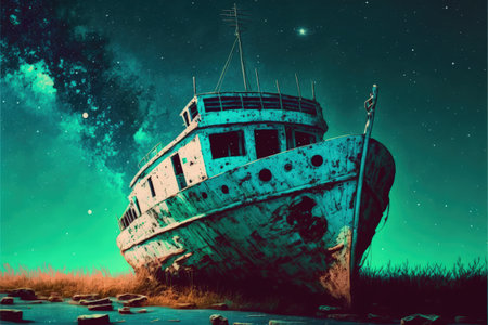 A stunning view of the deserted ship under the star-studded sky with the Milky Way galaxy. Fantasy concept, Illustration painting. Generative AIの素材