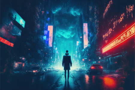 Man gazing at high-tech metropolis at night on street, futuristic science-fiction idea. Fantasy concept, Illustration painting. Generative AIの素材