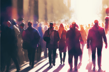 Pedestrians strolling down the busy city road. Fantasy concept, Illustration painting. Generative AIの素材