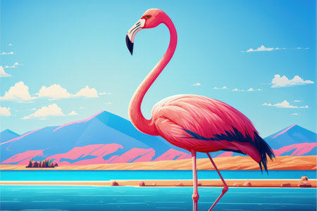 A flamingo perched on the ocean with a backdrop of a bright blue sky on a sunny day. Fantasy concept, Illustration painting. Generative AIの素材
