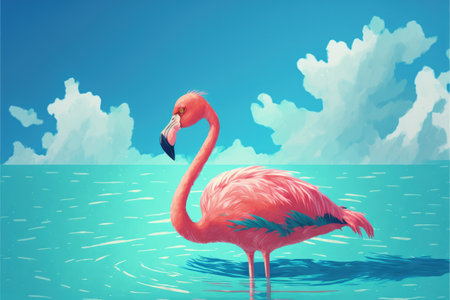A flamingo perched on the ocean with a backdrop of a bright blue sky on a sunny day. Fantasy concept, Illustration painting. Generative AIの素材