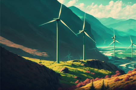 Illustration painting depicting a green mountain landscape with towering wind turbines in digital art style. Fantasy concept, Illustration painting. Generative AIの素材