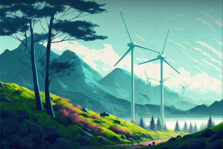 Illustration painting depicting a green mountain landscape with towering wind turbines in digital art style. Fantasy concept, Illustration painting. Generative AIの素材