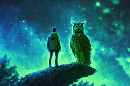 The enormous owl and its master perching on a limb in nocturnal woodland with verdant firmament Fantasy concept , Illustration painting. Generative AIの素材
