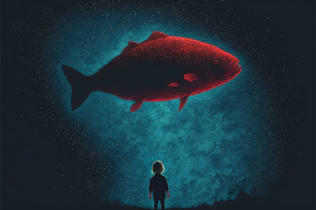 Enormous fish levitating in nocturnal heavens over small child Fantasy concept , Illustration painting. Generative AIの素材
