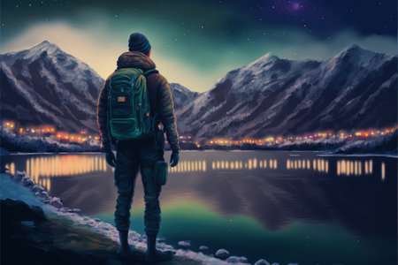 Hiker carrying backpack admiring mountains and colorful aurora in nocturnal landscape. Fantasy concept, Illustration painting. Generative AIの素材