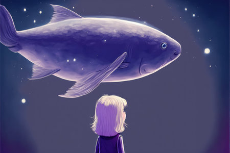 Enormous fish levitating in nocturnal heavens over small child Fantasy concept , Illustration painting. Generative AIの素材