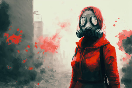 Crimson-clad woman sporting gas mask trekking on polluted city street with biohazard emblem adorning the wall Fantasy concept , Illustration painting. Generative AIの素材