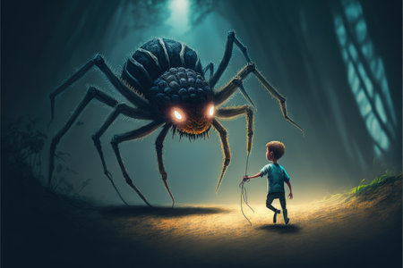 Dark fantasy illustration of a torch-bearing child confronting an enormous arachnid in an enigmatic woodscape. Fantasy concept, Illustration painting. Generative AIの素材