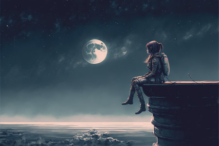 Woman in futuristic suit sitting on railing admiring night sky Fantasy concept , Illustration painting. Generative AIの素材
