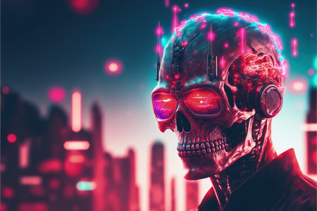 Sci-fi figure sporting a liquefying crimson skull facade set against a defocused background. Fantasy concept, Illustration painting. Generative AIの素材