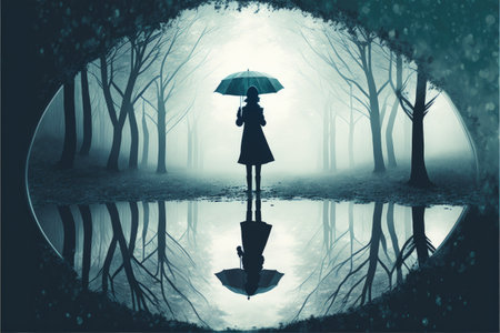 Enigmatic woman carrying umbrella standing in a puddle reflecting eerie woods Fantasy concept , Illustration painting. Generative AIの素材