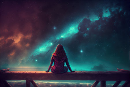 Woman in futuristic suit sitting on railing admiring night sky Fantasy concept , Illustration painting. Generative AIの素材