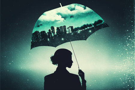 Overlapping image featuring outline of woman holding umbrella in nocturnal urban landscape superimposed on man's head. Fantasy concept, Illustration painting. Generative AIの素材