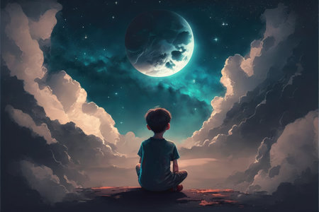 Young lad perched on the luminous lunar body amidst the nighttime haze and vapors. Fantasy concept, Illustration painting. Generative AIの素材
