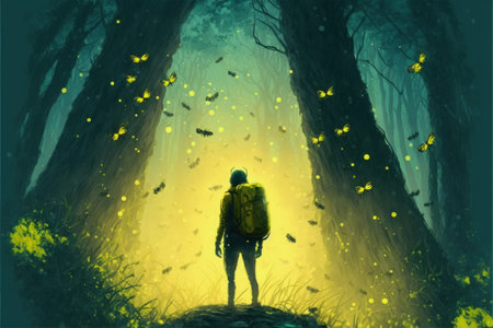 Backpacker standing atop colossal tree teeming with twinkling fireflies in bewitched forest. Fantasy concept, Illustration painting. Generative AIの素材