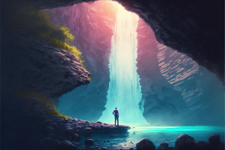 Scenery of the man gazing at the splendid cascade in the cavernous rock with gorgeous sunlight. Fantasy concept, Illustration painting. Generative AIの素材