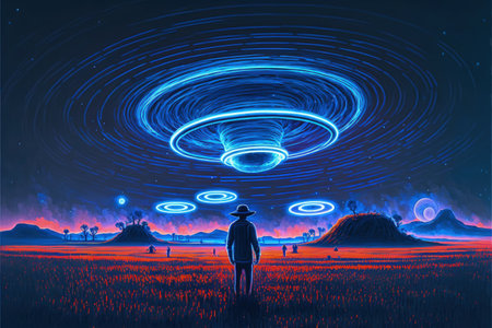 Night scene of the gentleman standing on the meadow facing the planet with rings. Fantasy concept, Illustration painting. Generative AIの素材