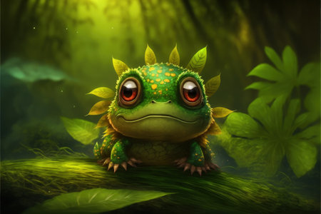 Emerging from a gloomy environment, the adorable being created from enchanted marshland in the lush jungle. Fantasy concept, Illustration painting. Generative AIの素材