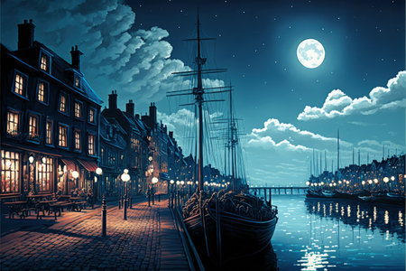 Moonlit port city viewed during the nighttime. Fantasy concept, Illustration painting. Generative AIの素材