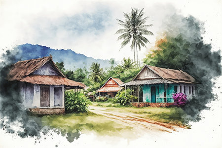 Countryside landscape depicting old houses amidst nature in watercolor style. Fantasy concept, Illustration painting. Generative AIの素材
