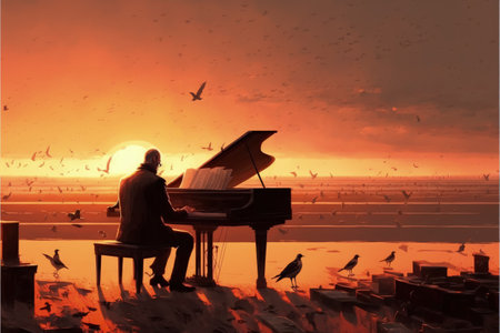 Digital artwork featuring a man playing piano amidst a group of birds on a beach during sunset. Fantasy concept, Illustration painting. Generative AIの素材