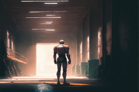 Astronaut standing inside industrial structure Fantasy concept , Illustration painting. Generative AIの素材
