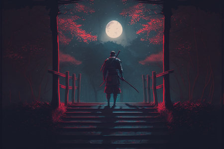 Samurai warrior on stairs in nocturnal forest under red moon. Fantasy concept, Illustration painting. Generative AIの素材