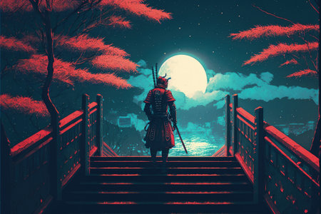 Samurai warrior on stairs in nocturnal forest under red moon. Fantasy concept, Illustration painting. Generative AIの素材