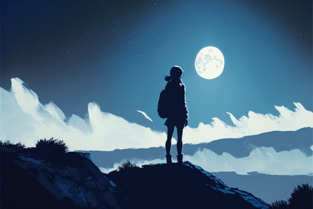 Lady on mountaintop against stunning sky with large moon. Fantasy concept, Illustration painting. Generative AIの素材